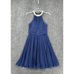 Fiesta Fashion Party Dress Navy Blue Pleated Lined Pearl Size S Made In USA HOCO